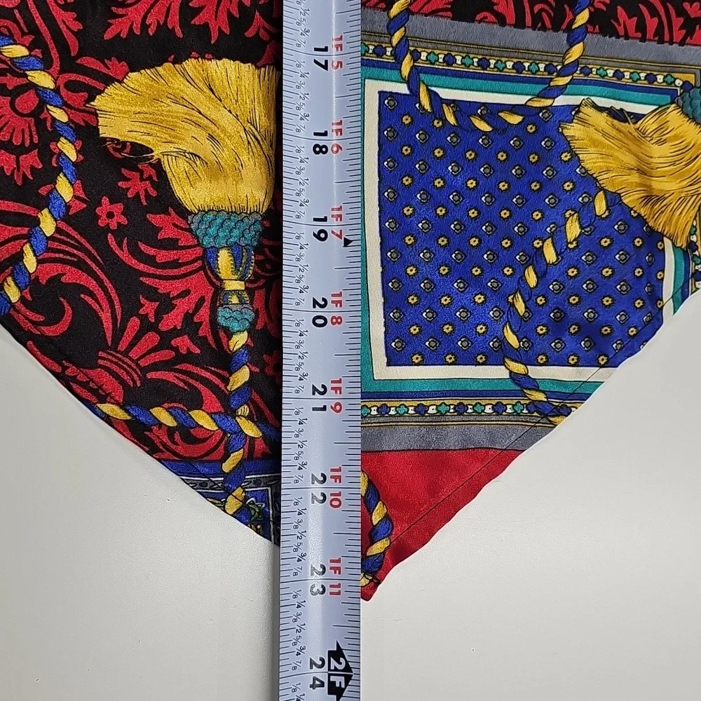 Vtg 90s Satin Baroque Triangle Scarf, Multicolor Tassle & Floral Print 54